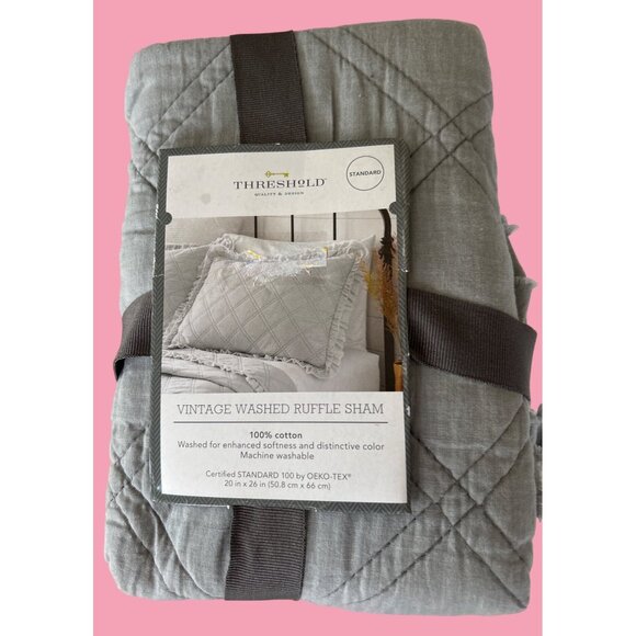 Threshold Standard Vintage Washed Ruffle Sham 20"x26" 100% Cotton Gray - Picture 1 of 2